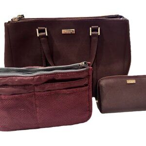 Kate Spade Burgundy Tote + Zip Wallet + Organizer Insert – 3-Piece Set